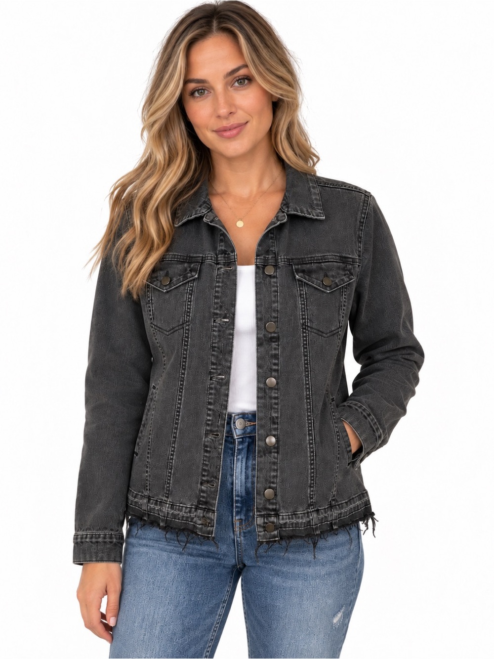 LOGO by Lori Goldstein Release Hem Jacket Women’s 8 Black Denim Distressed EUC